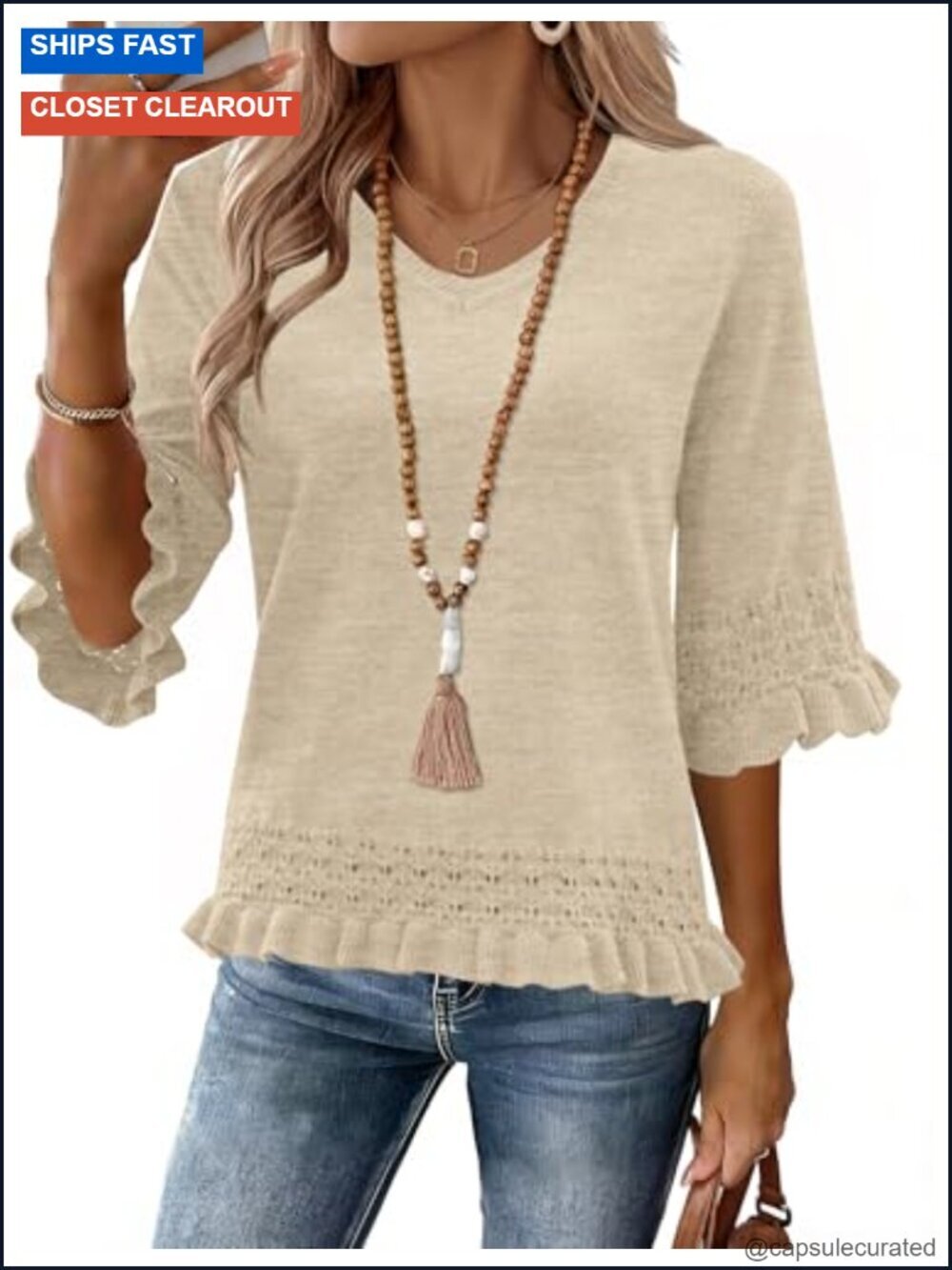 3/4 Sleeve V-Neck Peplum Knit Pullover Sweater